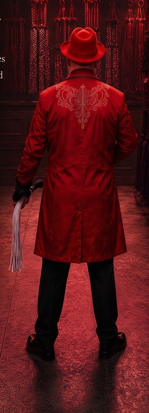 Cropped back-cover artwork from The Art of Sensual Flogging showing Spank Daddy from behind in a red-lit flogger display